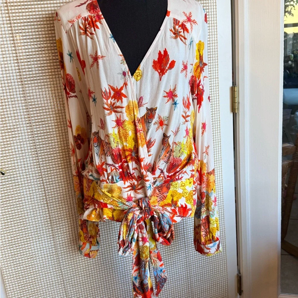 Anthropologie Michelle Morin Floral Tiger Print Wrap Blouse - Picture 3 of 6